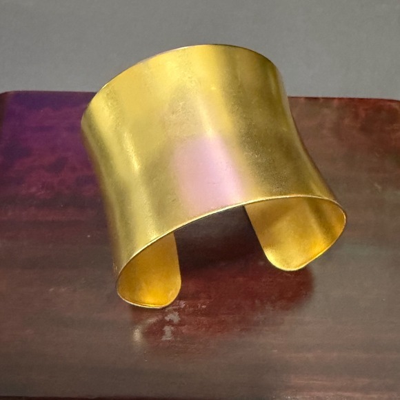 Wide Flared Cuff Bracelet Women Brushed Gold Tone Modernist Statement Signed - Picture 2 of 11